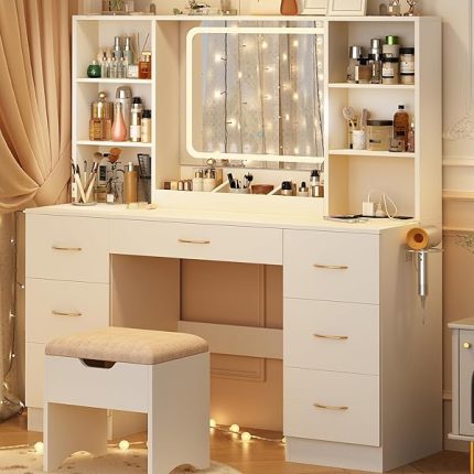 47" Large Vanity Desk with Mirror and Lights, LED White Vanity Set with Stool and Power Outlet, Lighted Make up Vanity Desk with Drawers and 3 Lighting Modes for Women, Girls(White)
