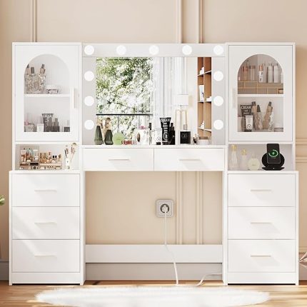61.9" L Vanity Desk with Mirror & Lights, Large Makeup Vanity Table with Charging Station, Bedroom Makeup Vanity with 8 Drawers and Side Cabinet, 3 LED Light Modes, White RSZT113W