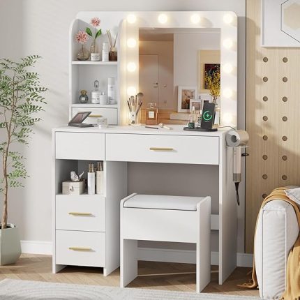 Vanity Desk with LED Lighted Mirror&Power Outlet, 3 Lighting Colors Makeup Vanity Desk with 5 Large Drawers and 3 Storage Shelves, White Vanity with Storage Stool for Bedroom