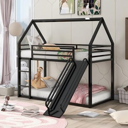 Twin Over Twin Bunk Bed with Slide, Junior House Low Bunk Bed Metal Bunkbeds with Ladder and Full-Length Guardrail for Girl, Boy, Floor BunkBed, No Box Spring Needed (Black)