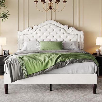 Queen Size Bed Frame with Adjustable Headboard/Velvet Upholstered/Diamond Button Tufted and Metal Studs/No Box Spring Needed/Sturdy Wood Slat Support/Easy Assembly/White